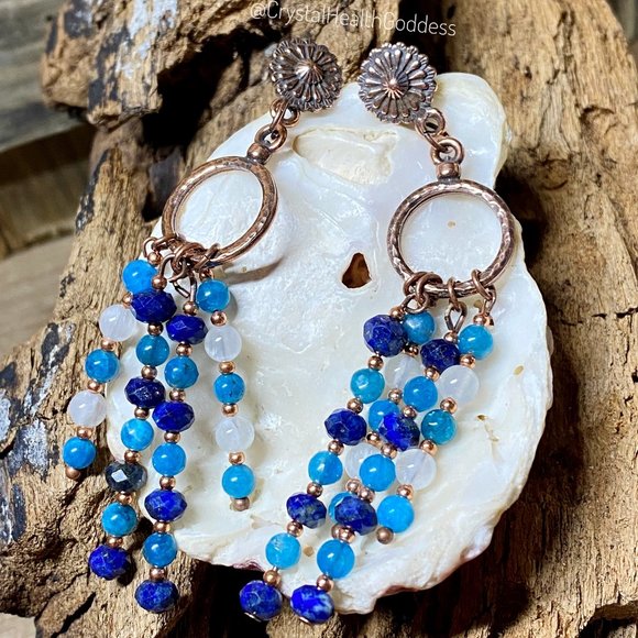 Lapis Lazuli Blue Apatite Selenite Antique Copper Flower Earrings - Picture 7 of 8